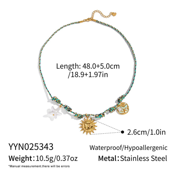 Wholesale Women's Stainless Steel Braided Rope Chain Necklace With Animal Zodiac Smiley Face Sun Pendant Pvd Furnace Vacuum Real Gold Plated