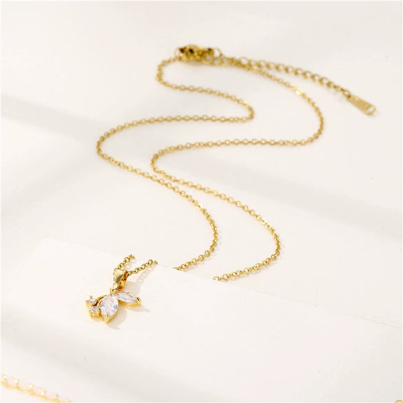 Wholesale Women's Stainless Steel Butterfly Necklace With Mixed Gem Inlay And Electroplating