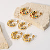 Wholesale Women's Stainless Steel C Shaped Earrings With Hammer Pattern And Inlaid Zircon Pearl Electroplated With 18K Gold