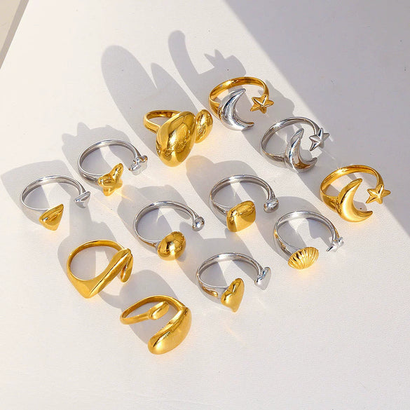 Wholesale Women's Stainless Steel Casting Electroplated Open Ring Set With Geometric And Flower Patterns