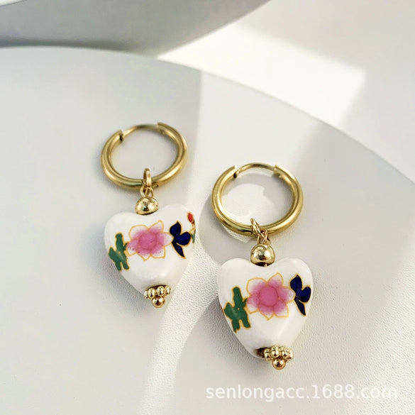 Wholesale Women's Stainless Steel Ceramic Earrings With Love Strawberry Butterfly And Teapot Patterns Electroplated