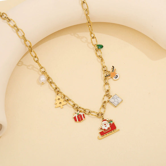 Wholesale Women's Stainless Steel Christmas Necklace With Sleigh Elk Pendant Electroplated Twist Chain New Fashion Jewelry