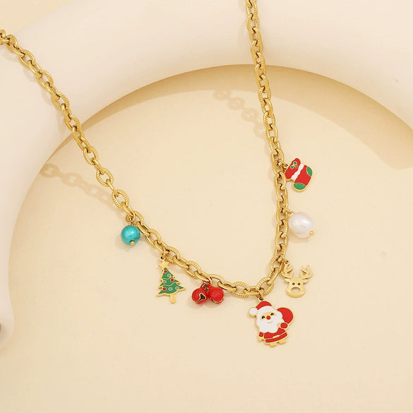 Wholesale Women's Stainless Steel Christmas Necklace With Sleigh Elk Pendant Electroplated Twist Chain New Fashion Jewelry