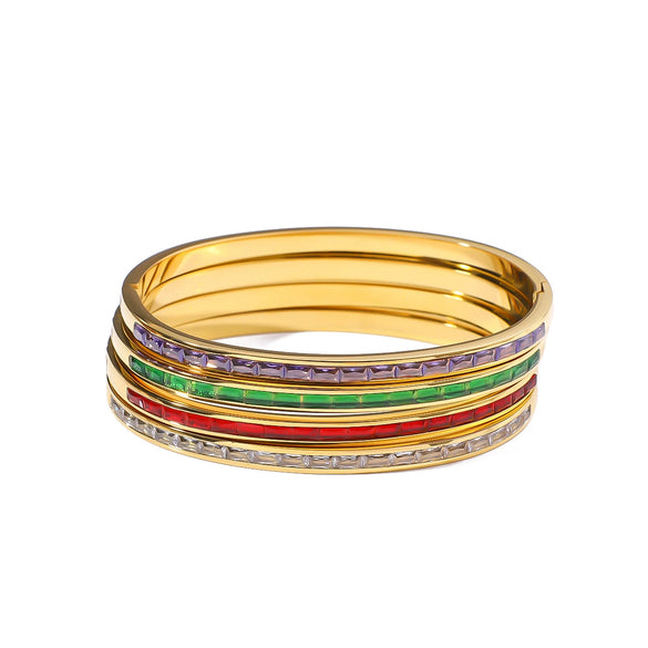 Wholesale Women's Stainless Steel Color Buckle Bracelet With Rectangular Color Zircon And 18K Furnace Vacuum Plating