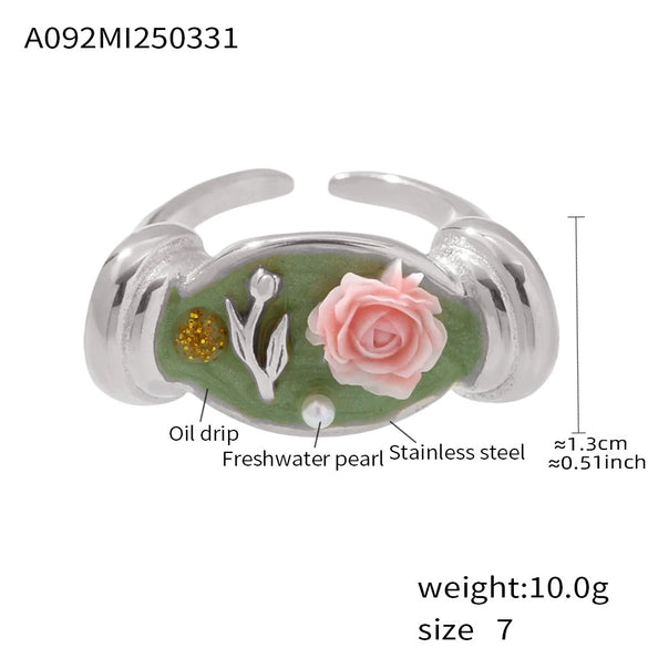 Wholesale Women's 316L Stainless Steel Colored Glaze Freshwater Pearls Geometric Fashion Relief Ring With Electroplating