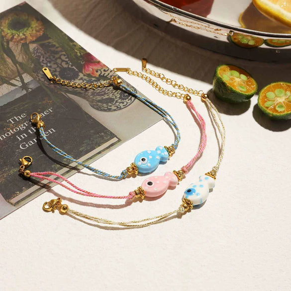 Wholesale Women's Stainless Steel Colorful Ceramic Animalshaped Handmade Rope Electroplated Bracelet