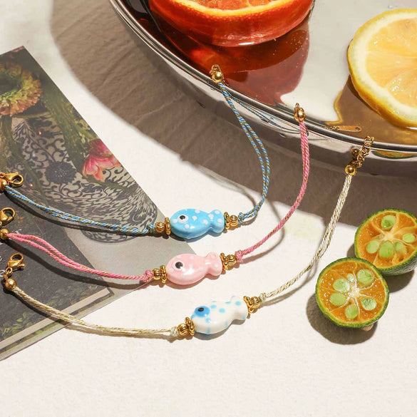 Wholesale Women's Stainless Steel Colorful Ceramic Animalshaped Handmade Rope Electroplated Bracelet
