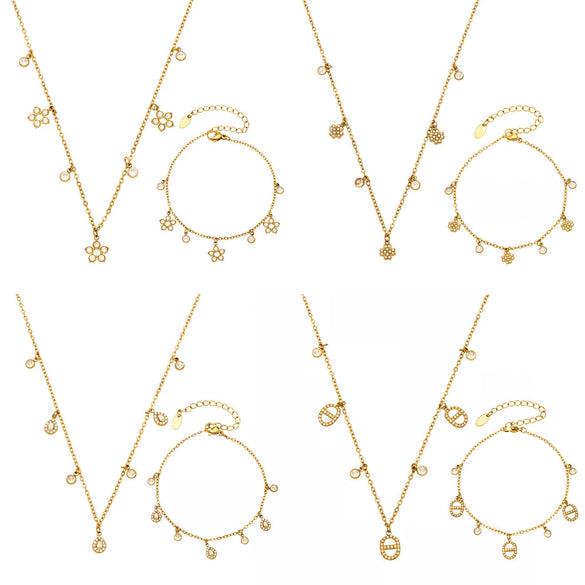 Wholesale Women's Stainless Steel Cross Crown Roman Numerals Pattern Electroplated Multipendant Necklace Bracelet Set