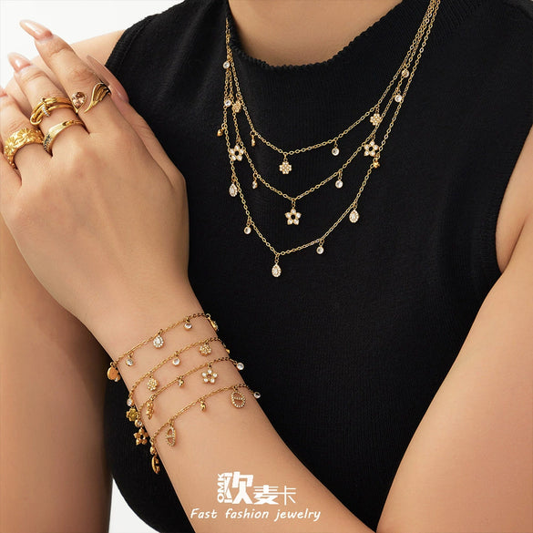 Wholesale Women's Stainless Steel Cross Crown Roman Numerals Pattern Electroplated Multipendant Necklace Bracelet Set