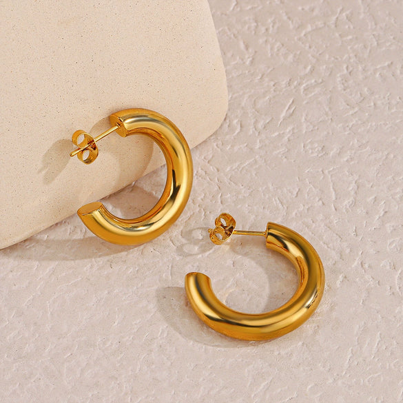 Wholesale Women's Stainless Steel Cshaped Hip Hop Earrings With Geometric Pattern And 18K Gold Plated Treatment