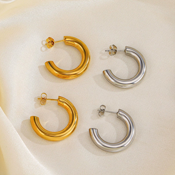 Wholesale Women's Stainless Steel Cshaped Hip Hop Earrings With Geometric Pattern And 18K Gold Plated Treatment