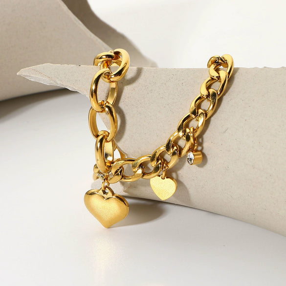 Wholesale Women's Stainless Steel Cuban Chain Oval Chain Double Love Small Round Zirconium Pendant Ot Buckle Bracelet With Heart Pattern 18K Gold Plated