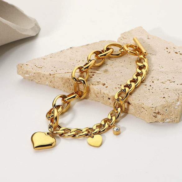 Wholesale Women's Stainless Steel Cuban Chain Oval Chain Double Love Small Round Zirconium Pendant Ot Buckle Bracelet With Heart Pattern 18K Gold Plated