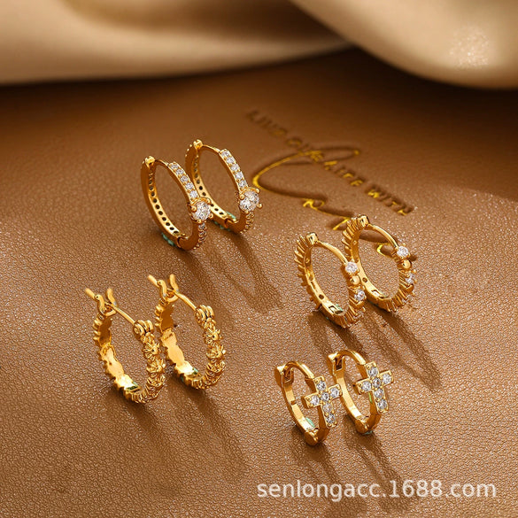 Wholesale Women's Stainless Steel Cute Flower Cross Zircon Earrings 18K Gold Electroplated