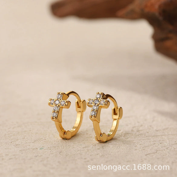 Wholesale Women's Stainless Steel Cute Flower Cross Zircon Earrings 18K Gold Electroplated