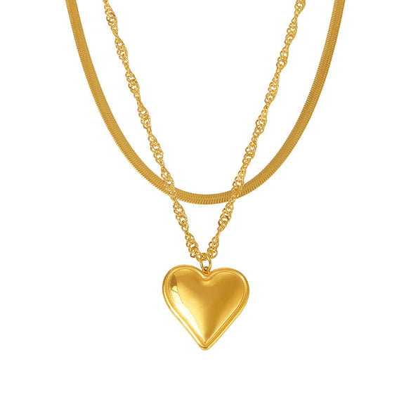 Wholesale Women's 316L Stainless Steel Double Clavicle Necklace With Water Ripple Blade Chain Love Pendant Geometric Pattern 18K Gold Pvd Plated Light Luxury Style