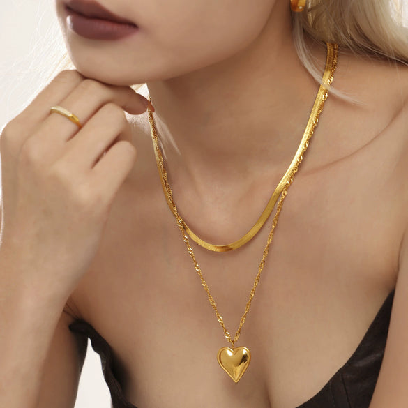Wholesale Women's 316L Stainless Steel Double Clavicle Necklace With Water Ripple Blade Chain Love Pendant Geometric Pattern 18K Gold Pvd Plated Light Luxury Style