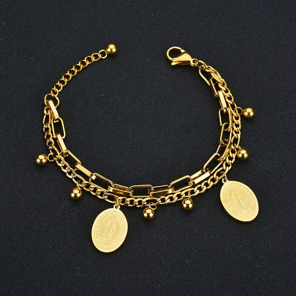 Wholesale Women's Stainless Steel Double Layer Tree Of Life Pendant Bracelet With Geometric Pattern