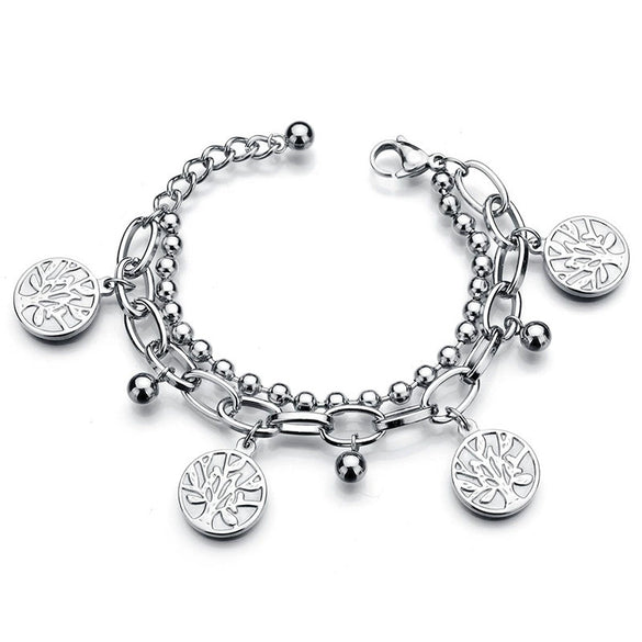 Wholesale Women's Stainless Steel Double Layer Tree Of Life Pendant Bracelet With Geometric Pattern