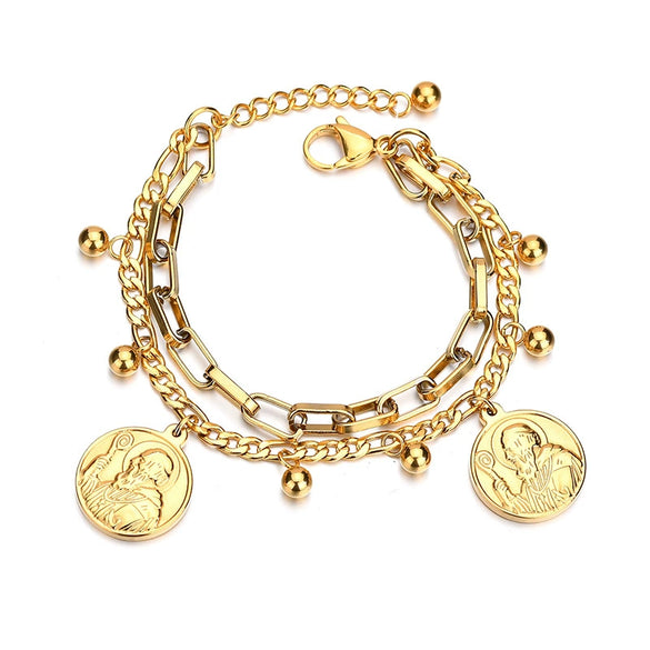 Wholesale Women's Stainless Steel Double Layer Tree Of Life Pendant Bracelet With Geometric Pattern