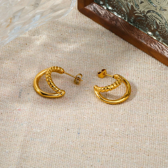 Wholesale Women's Stainless Steel Doublelayer Line Cshaped And Crescentshaped Earrings 18K Goldplated Light Luxury Geometric Style
