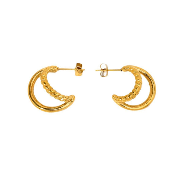 Wholesale Women's Stainless Steel Doublelayer Line Cshaped And Crescentshaped Earrings 18K Goldplated Light Luxury Geometric Style