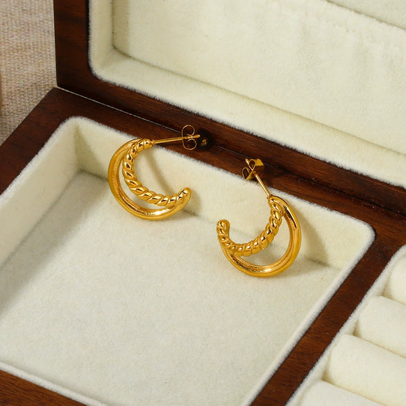 Wholesale Women's Stainless Steel Doublelayer Line Cshaped And Crescentshaped Earrings 18K Goldplated Light Luxury Geometric Style