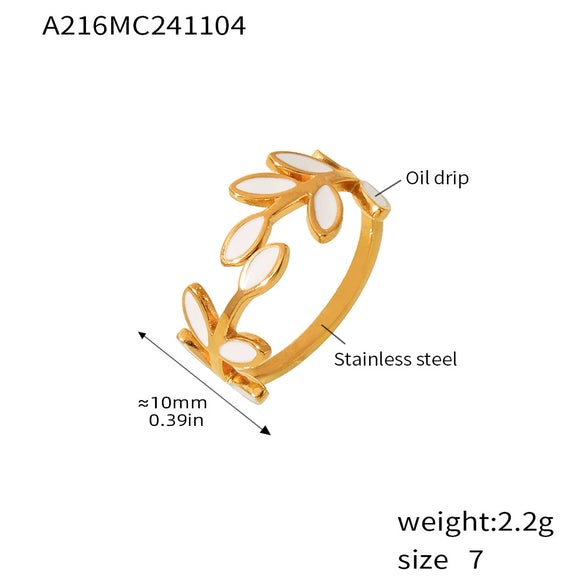 Wholesale Women's Stainless Steel Dripping Oil Leaves Drop Finger Ring With 18K Gold Plated Electroplating In Light Luxury Style