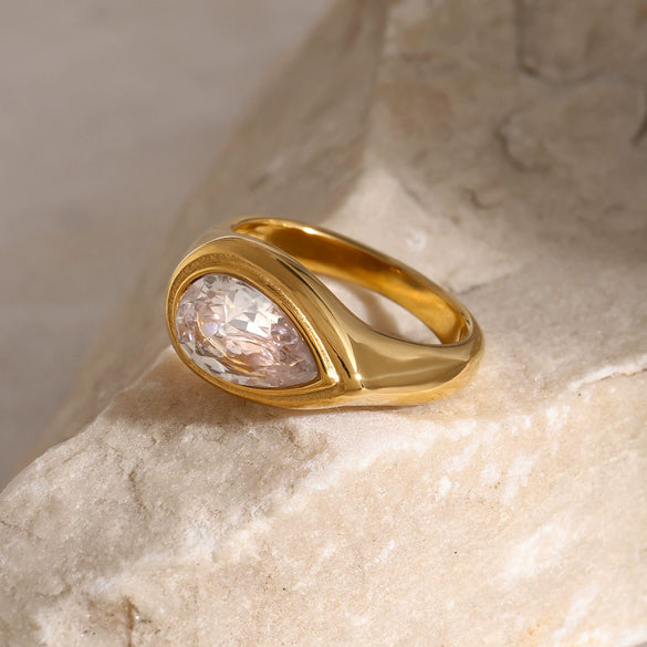 Wholesale Women's Stainless Steel Dropshaped Electroplated White Zircon Ring