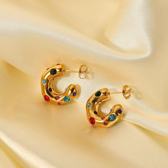 Wholesale Women's Stainless Steel Earrings With Geometric Pattern And Color Zircon 18K Gold Electroplated
