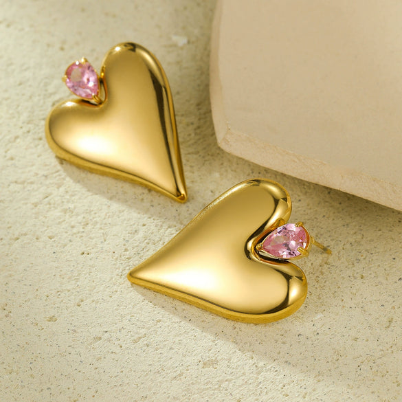 Wholesale Women's Stainless Steel Earrings With Love Pattern Inlaid With Zirconium Electroplated In Titanium Steel Glossy Minimalist Style