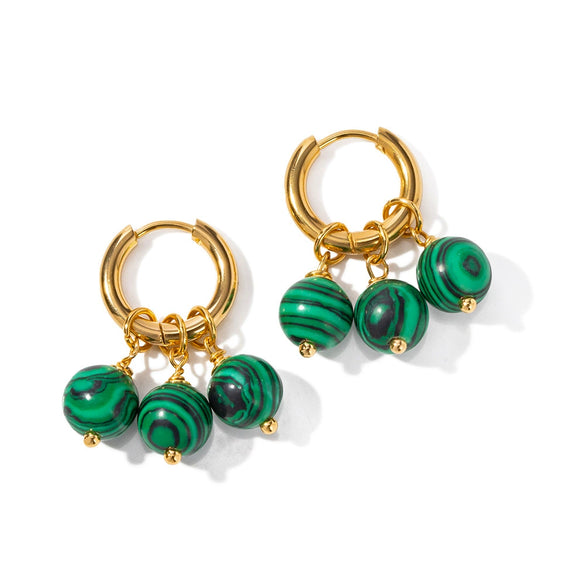 Wholesale Women's Stainless Steel Earrings With Three Green Malachite Tassel Pendants In Geometric Style And 18K Gold Electroplated Treatment