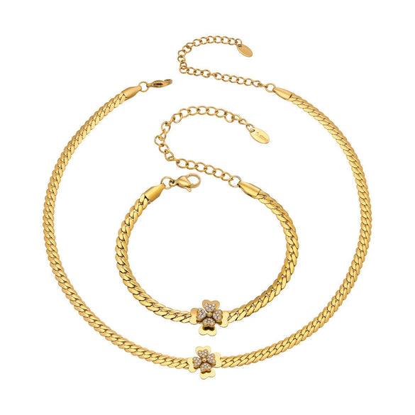 Wholesale Women's Stainless Steel Electroplated Doublelayer Flower Necklace And Bracelet Set Minimalist Light Luxury Style Jewelry Accessories