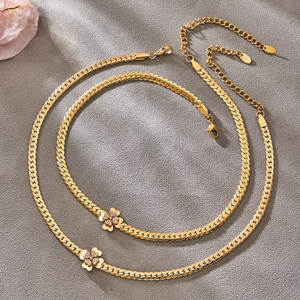 Wholesale Women's Stainless Steel Electroplated Doublelayer Flower Necklace And Bracelet Set Minimalist Light Luxury Style Jewelry Accessories