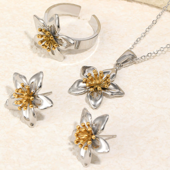 Wholesale Women's Stainless Steel Electroplated Flower Earrings And Twotone Ring Accessories