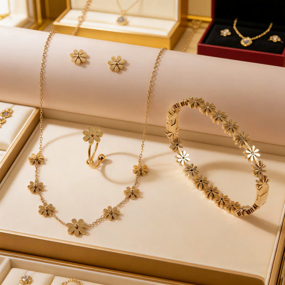 Wholesale Women's Stainless Steel Electroplated Flower Jewelry Set With Daisy Earrings Necklace And Bracelet
