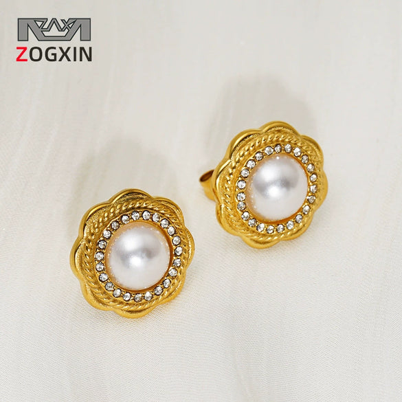 Wholesale Women's Stainless Steel Electroplated Flower Stud Earrings With Geometric French Retro Style