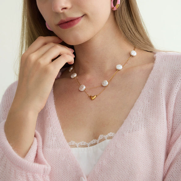 Wholesale Women's Stainless Steel Electroplated Geometric And Heart Shape Tassel Pearl Necklace Jewelry