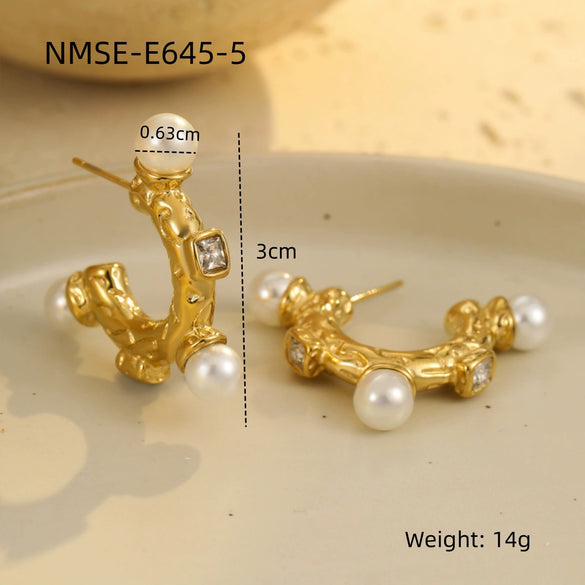 Wholesale Women's Stainless Steel Electroplated Geometric And U Shaped C Shaped Golden Retro Fashion Exaggerated Zircon Earring