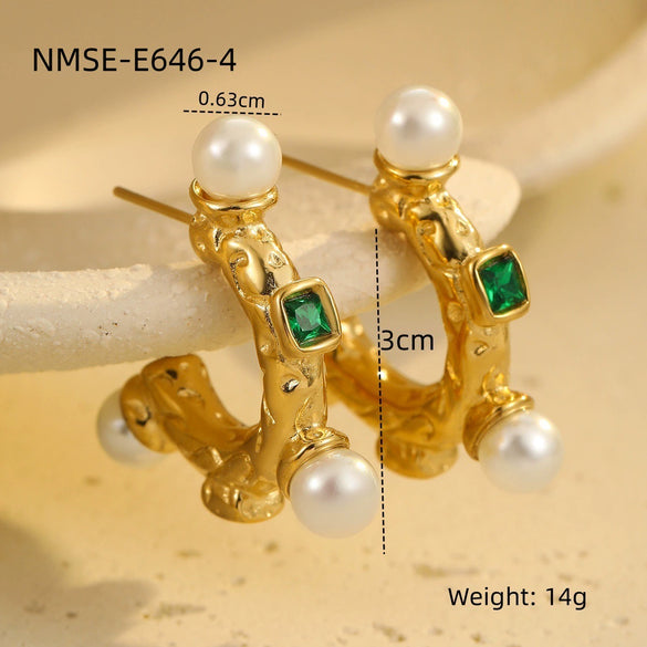 Wholesale Women's Stainless Steel Electroplated Geometric And U Shaped C Shaped Golden Retro Fashion Exaggerated Zircon Earring