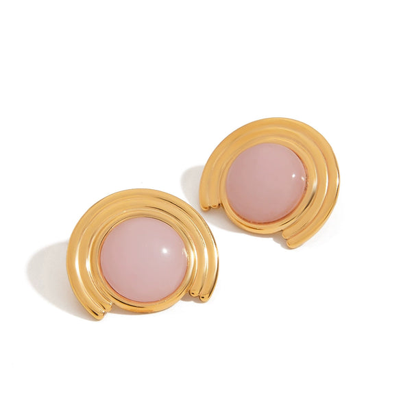 Wholesale Women's Stainless Steel Electroplated Geometric Arc Ribbed Rose Quartz Natural Stone Earrings