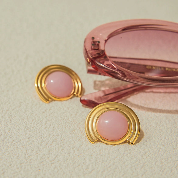 Wholesale Women's Stainless Steel Electroplated Geometric Arc Ribbed Rose Quartz Natural Stone Earrings