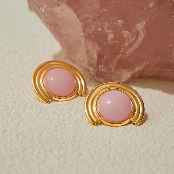 Wholesale Women's Stainless Steel Electroplated Geometric Arc Ribbed Rose Quartz Natural Stone Earrings