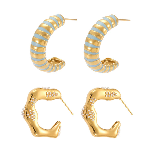 Wholesale Women's 316L Stainless Steel Electroplated Geometric Cshaped And Ushaped Shell Beads Inlaid Earrings
