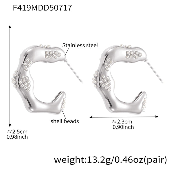 Wholesale Women's 316L Stainless Steel Electroplated Geometric Cshaped And Ushaped Shell Beads Inlaid Earrings