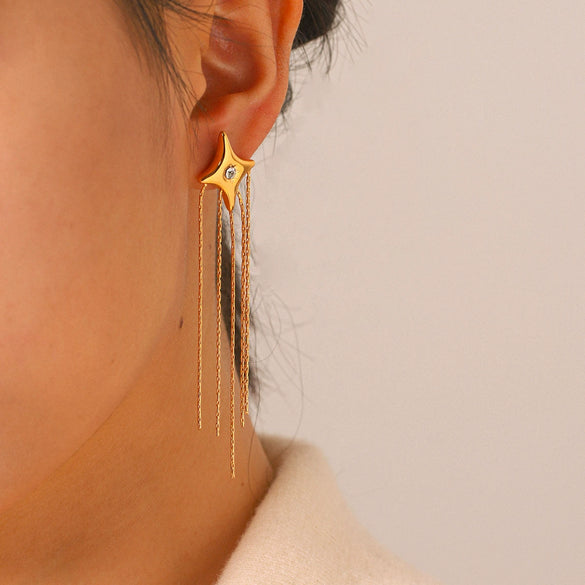 Wholesale Women's Stainless Steel Electroplated Geometric Fourpointed Star Tassel Earrings
