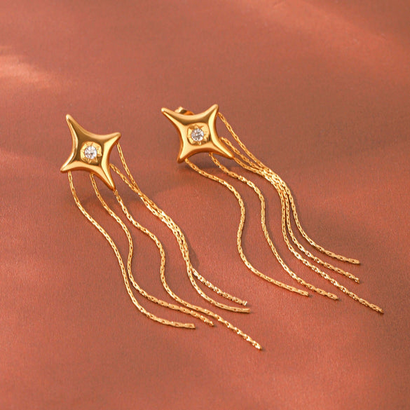 Wholesale Women's Stainless Steel Electroplated Geometric Fourpointed Star Tassel Earrings