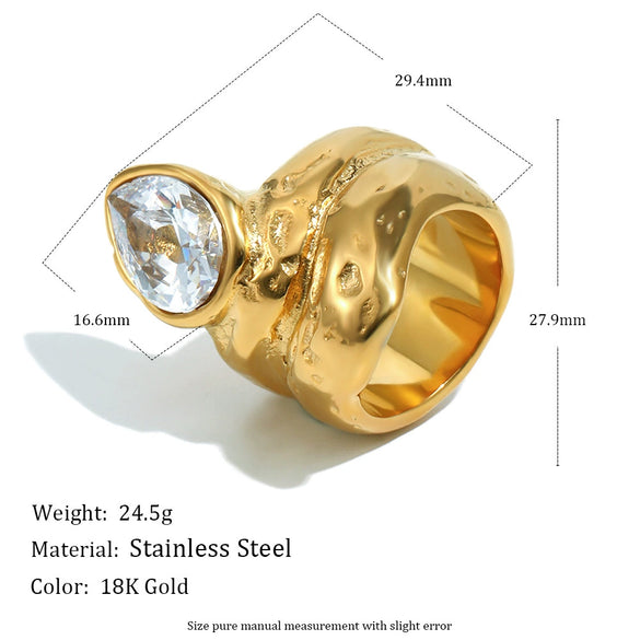 Wholesale Women's Stainless Steel Electroplated Geometric Lines Doublelayer Water Drop Zircon Ring Jewelry