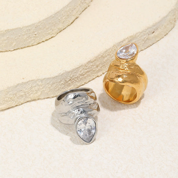 Wholesale Women's Stainless Steel Electroplated Geometric Lines Doublelayer Water Drop Zircon Ring Jewelry
