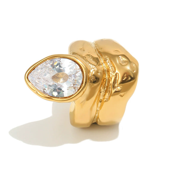 Wholesale Women's Stainless Steel Electroplated Geometric Lines Doublelayer Water Drop Zircon Ring Jewelry